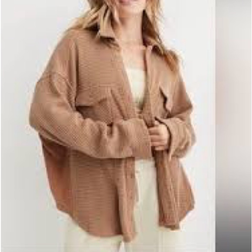 Aerie Lumberjane Waffle Shirt Womens Large Tan Oversized Button Shacket Jacket
